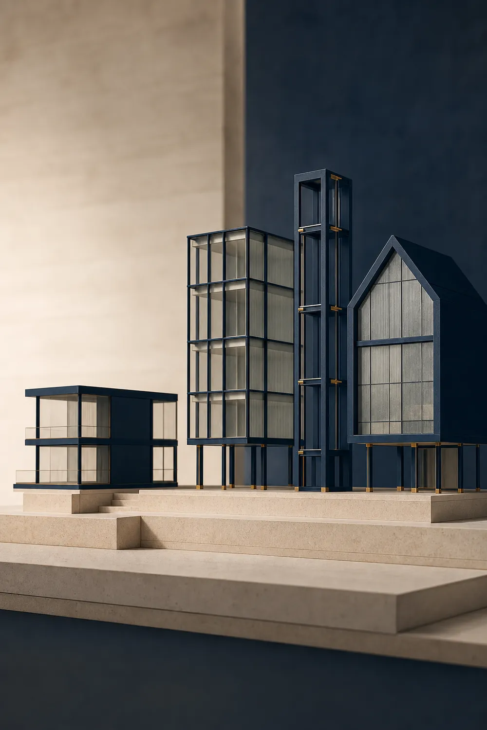 An architectural model representing distinct companies supported by one foundation